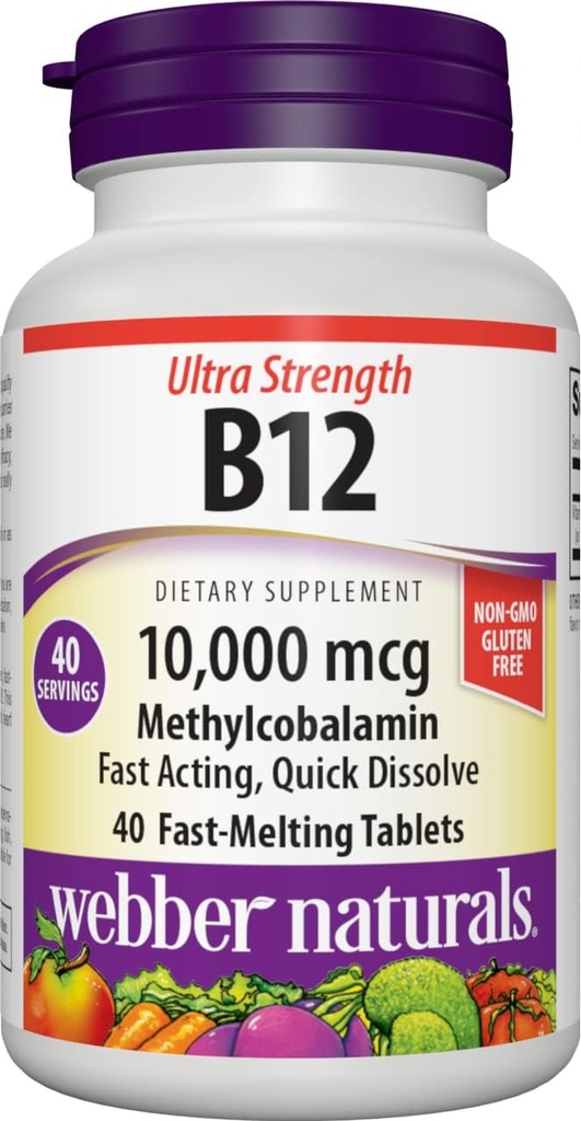Webber Naturals Vitamin B12 10,000 mcg, Ultra Strength, 40 Count, Fast Dissolve Tablets, Vitamin Supplement Support for Energy Metabolism, Immune and Heart Health, Vegan Formula