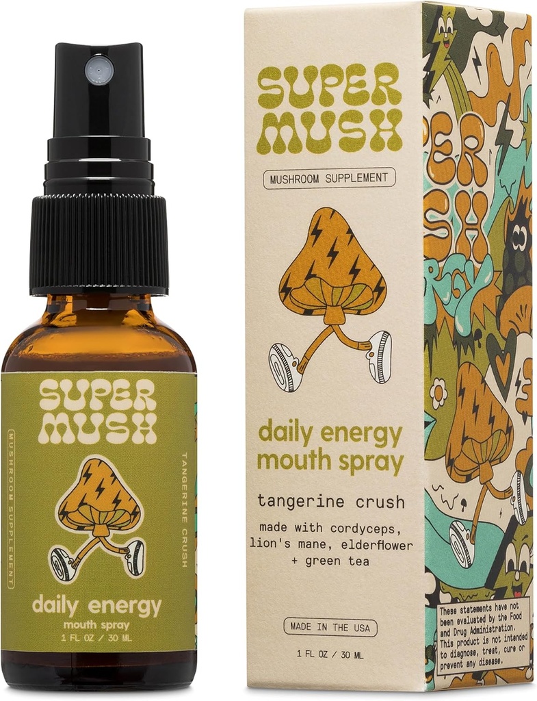 SuperMush Daily Energy Mouth Spray - Mushroom Suplemento - Lions Mane & Cordyceps Mushrooms mixtos Extracto Puros líquidos para Focus, Stamina & Clarity - 30ml Organic Lions Mane Fungi Spray