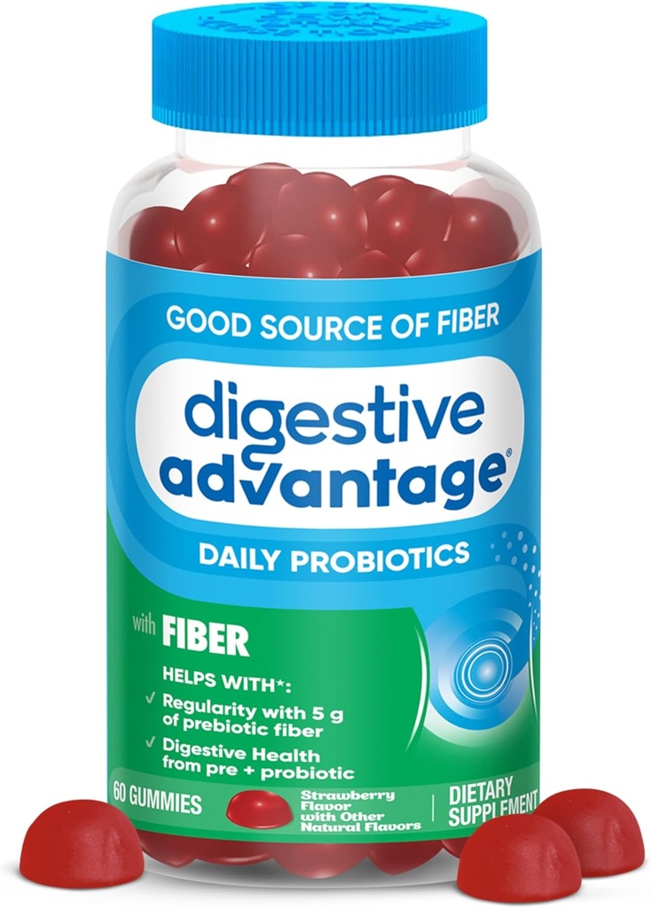Beneficios Digestivos Gummies de fibra prebiótica + Probióticos para Gut Health, 5g Fiber prebiótico Plus 1 billón CFU Probiótico, soporta Salud Digestiva & Regularidad, (60ct Bottle) Flavor de fresa*