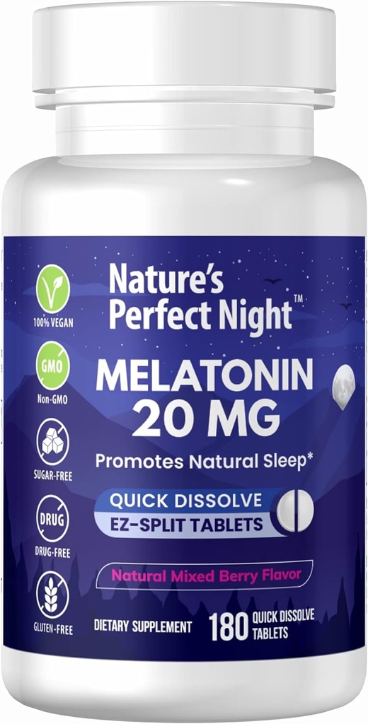 La noche perfecta de la naturaleza ← Melatonin 20mg  180 Quick Dissolve Tablets  Natural Mixed Berry Flavor ANTEHigh Potency  durable Sugar Free ← Vegan TEN Gluten Free ← Tamaño