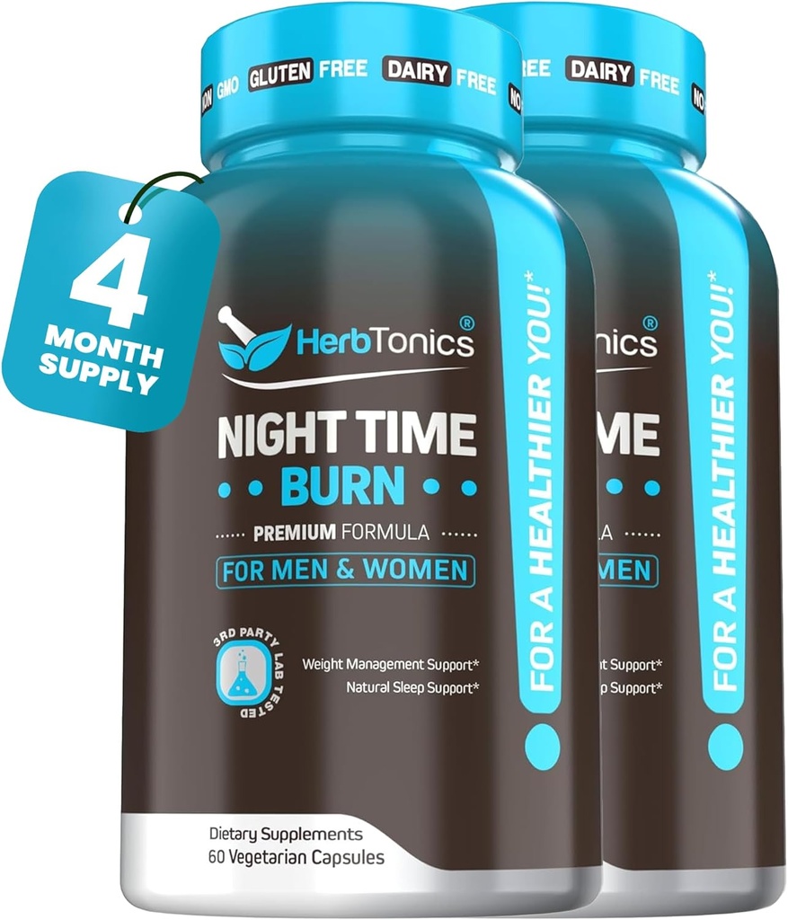 Herbtonics Night Time Burn & Sleep Complex apoya el metabolismo nocturno, el alivio del estrés y el sueño profundo. Incluye Melatonina, Valerian y té verde – Vegan Bedtime Weight Management (120 cápsulas)