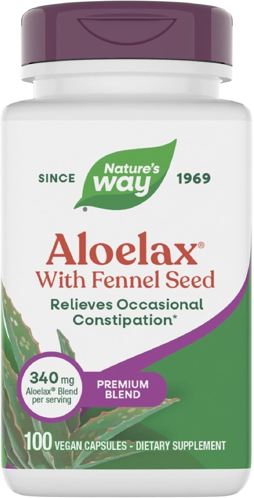 Camino de la Naturaleza Aloelax, Premium Blend, con semilla de hinojo, Alivia el estreñimiento ocasional*, 340 mg, Gluten Free, Vegan, Occasional Constipation Relief*, 100 cápsulas (paquete mayo Vary)