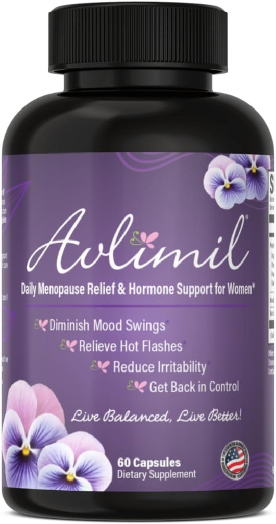 Avlimil® Hormone Balance & Menopause Support | Mood Swings, Hot Flashes, Night Sweats and Irritability - Isoflavones, Black Cohosh, Raspberry, Valerian, Sage, Red Clover, Lemon Balm - 1-Month