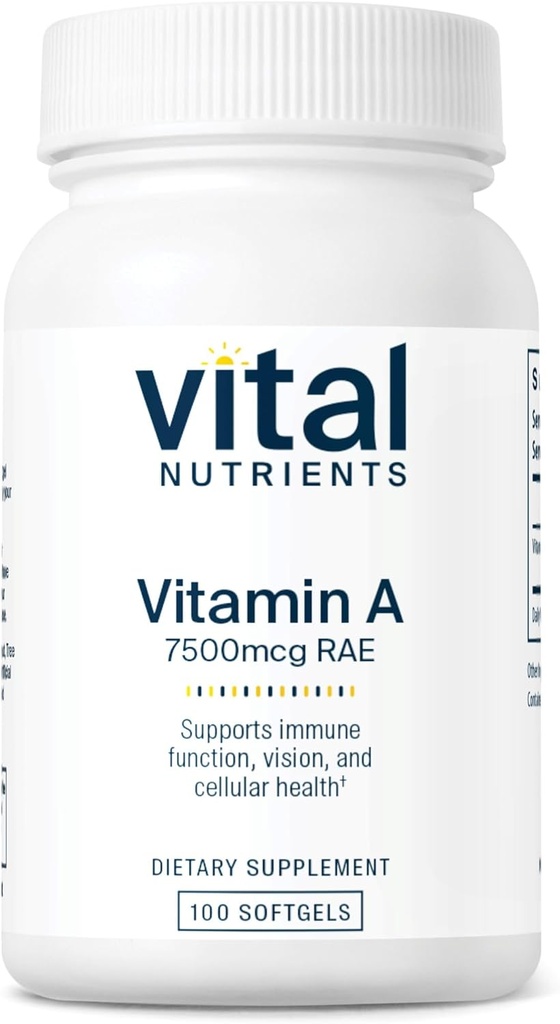 Nutrientes Vitales Vitamina A 7500mcg RAE ← Vitamina A Suplemento para la Función Inmunitaria, Visión, Esquí y Salud Celular TEN Gluten, Lácteos, Soy Gratis ANTE NO-OMM ANTE 100 cápsulas