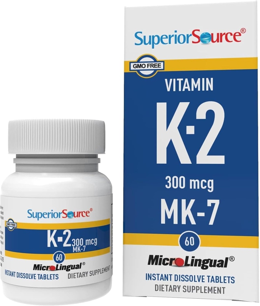 Fuente superior Vitamina K2 MK-7 (Menaquinone-7) 300 mcg - Fortaleza ósea " Apoyo a la salud Suplemento - Ayudas Función cardíaca saludable - Bariatric-Friendly - 60 Tablas sublinguales de disolución