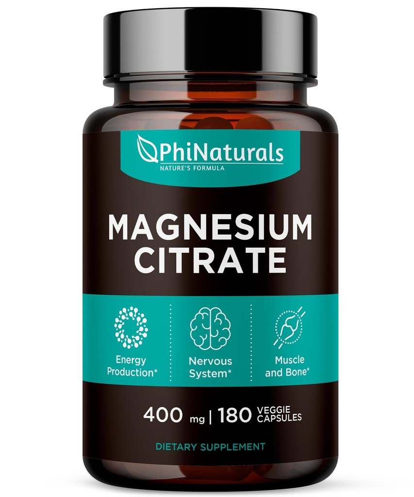 Magnesio Citrate Powder Capsules 400mg - 180 Conde Veg Caps - PhiNaturals Suplementos - Nervous System Support and Enzyme Function