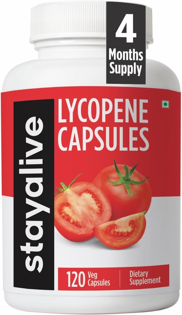 STAY ALIVE Lycopene Supplement for Men 60mg, Natural Tomato Extract Powder, 120 cápsulas con 4 meses de suministro, 100% Veg Lycopene Complex, Non-GMO y Gluten Free Carotenoid Suplemento