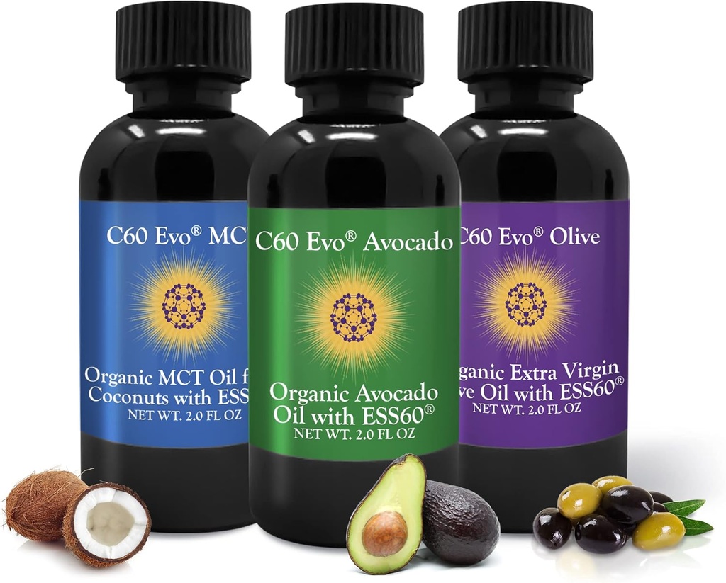 C60 Evo All-Natural Edible Oils, Mini Oil Sampler Set con puro C60 ESS60, Immune Support y Suplemento de Soporte Conjunto con aceite de oliva, aceite de aguacate y aceite de coco MCT, Conjunto de 3, 2 oz