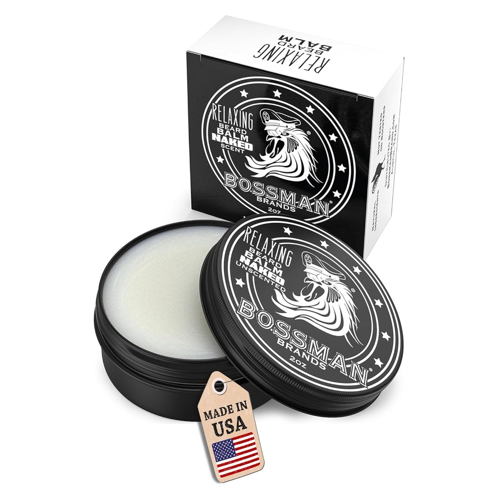 Bossman Balm de barba relajante para hombres (noqueado - no centrado) – Tames, Relaxes, Thickens & Softens para el cuidado de la barba final – Made in USA