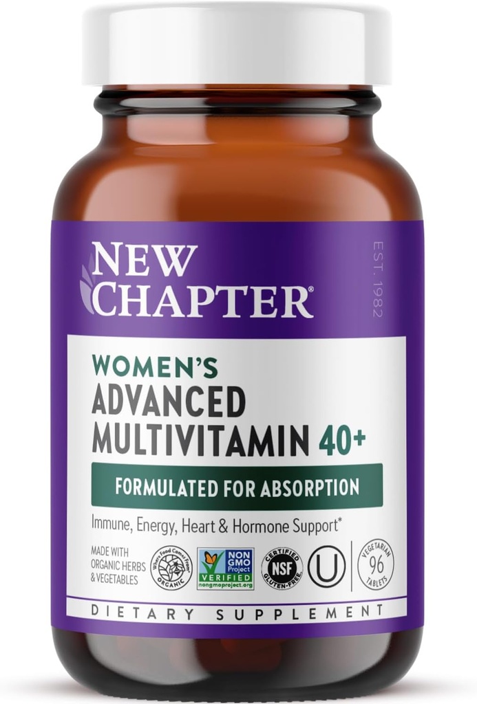 Nuevo Capítulo Mujeres Multivitamina 40+ Fórmula avanzada para el corazón, la hormona, el apoyo energético inmune, niveles más altos de vitaminas B enteramente alimentadas +D3, hecha con ingredientes orgánicos no orgánicos, 96 Conde
