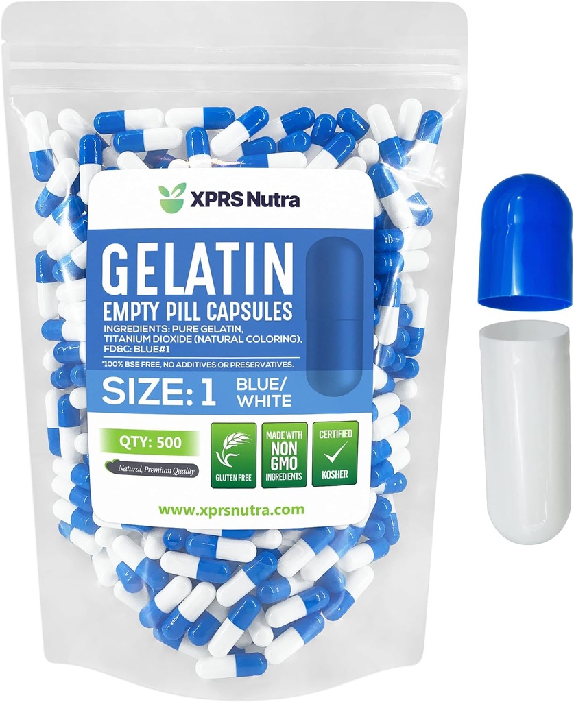 XPRS Nutra Size 1 Empty Capsules - 500 Count Empty Gelatin Capsules - Pill DIY Capsule Filling - Pure Bovine Pill Gel Caps for Do-It-youself Supplements (Blue/White)