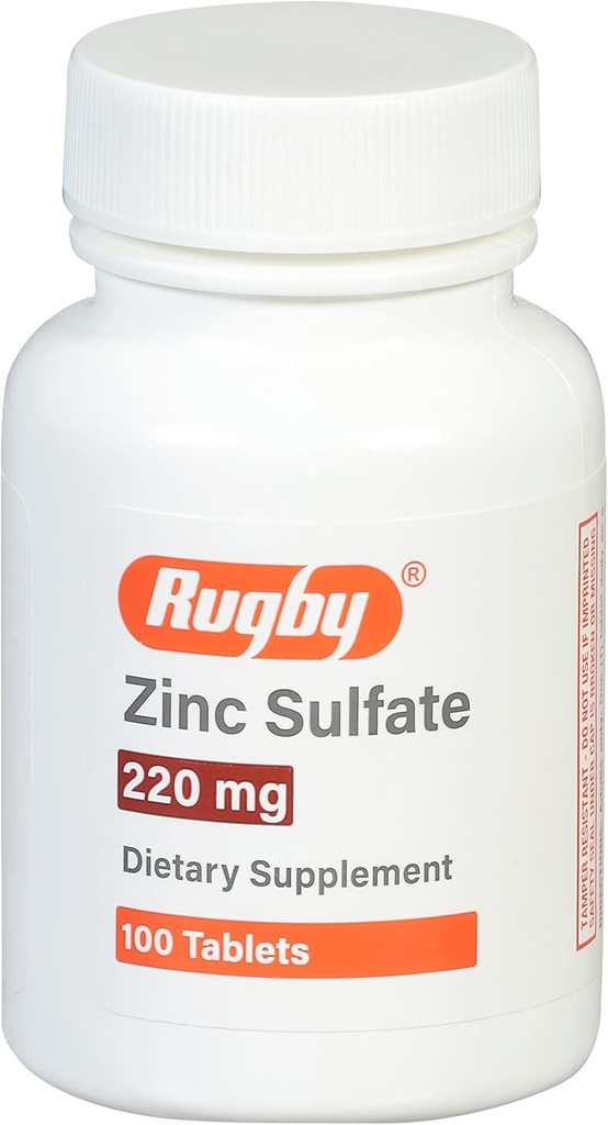 Sulfato de zinc de Rugby 220 mg Tabletas - Hecho con heptahidratos de sulfato de zinc - Suplemento dietético - 100 Cuenta (1 Pack)