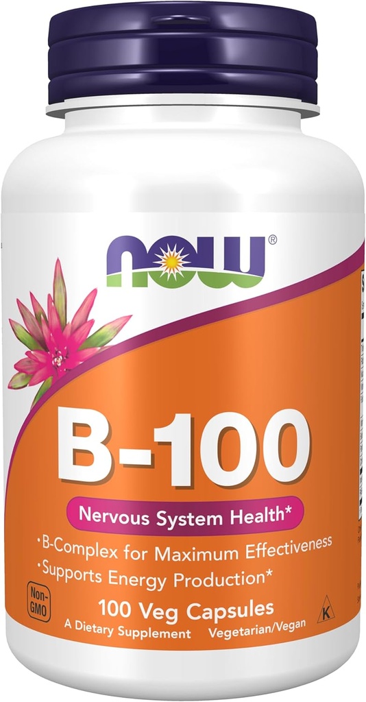 AHORA Suplementos de alimentos, vitamina B-100, producción de energía*, salud del sistema nervioso*, 100 cápsulas de verduras