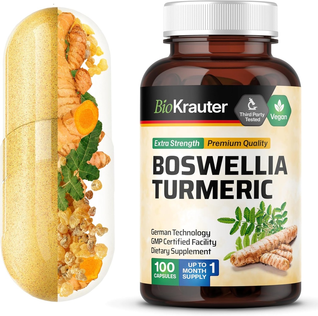 BIO KRAUTER Turmeric Suplemento con Boswellia Extract Capsules - 2000 mg Blend - 100 Conde - Vegan Boswellia Turmeric (Curcumin) - Fórmula w/Black Pepper