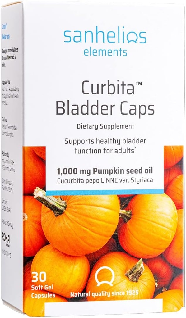Sanhelios Curbita Vejiga Caps Pumpkin Seed Oil 1000mg - Función de la vejiga saludable Suplemento de apoyo para hombres y mujeres - No GMO, Libre de azúcar, Libre de alimentos, Libre de gluten - 30 cápsulas de Softgel