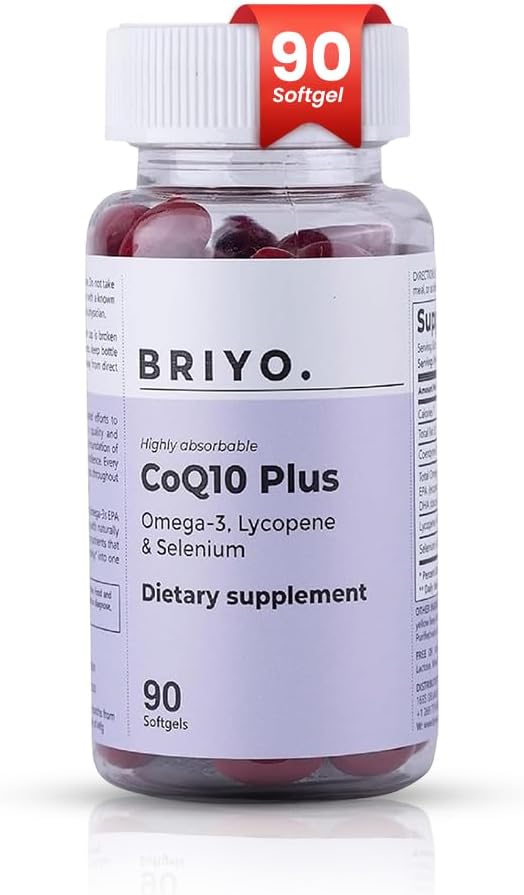 Briyo CoQ10 100 mg Suplemento con Omega 3 EPA DHA, Lycopene y Selenium – para la salud del corazón, el apoyo energético, la protección antioxidante, el envejecimiento saludable – una vez Daily Softgels, 90 cuenta