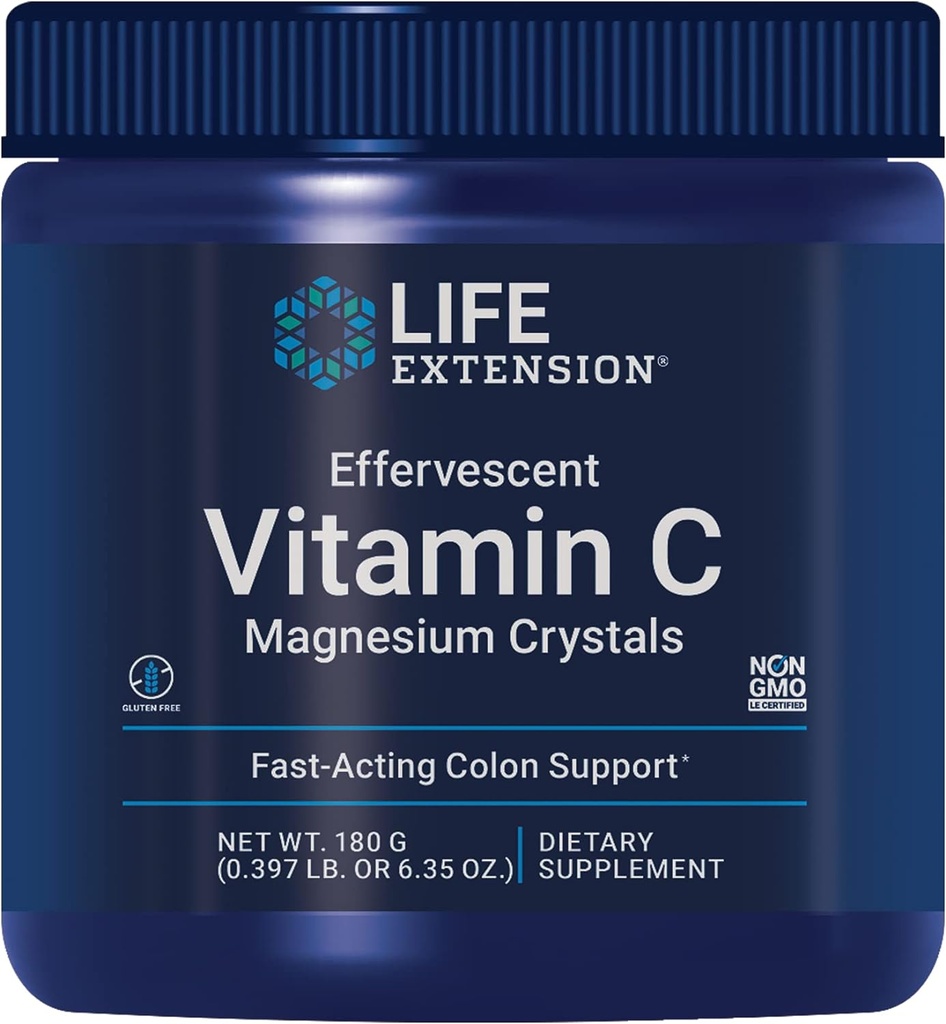 Extensión de vida Effervescent Vitamin C Magnesium Crystals, Alivio inmediato del estreñimiento ocasional, libre de gluten, no GMO, Vegetariano, Net Wt. 180 Grams