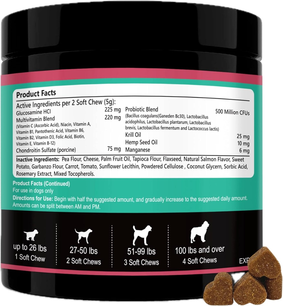 Multivitaminas de perros Chewable- 15 en 1 Vitaminas de perros Multivitamina para la salud del corazón - Omega 3 aceite para la piel &amp; la carne, la condroitina y la Glucosamina para perros Mixta &amp; Movilidad, Probióticos - 120ct