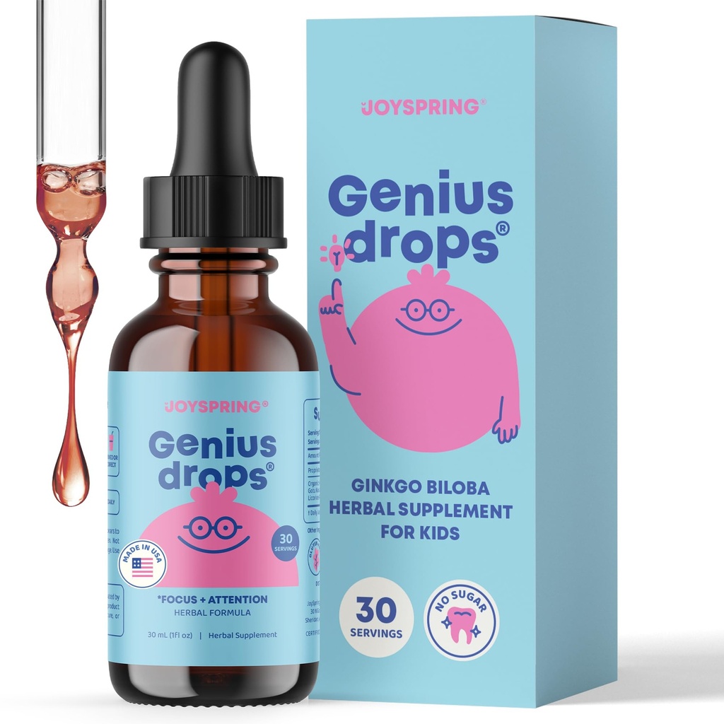 JoySpring Genius Drops for Kids ← Clínicamente Provenido Suplemento de enfoque Silencioso líquido Herbal Focus Suplemento con Ginkgo Biloba para niños (1 fl oz) 30 Servimientos