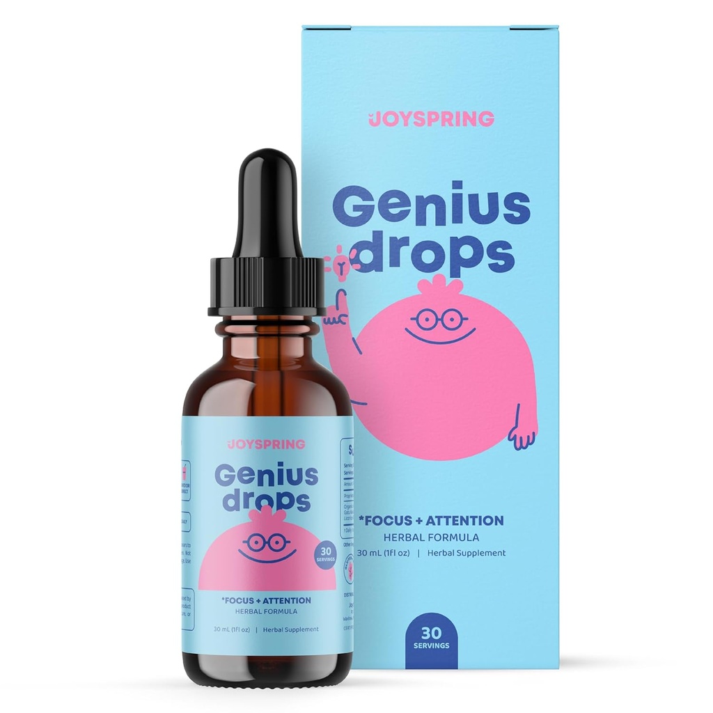 JoySpring Genius Drops for Kids ← Clínicamente Provenido Suplemento de enfoque Silencioso líquido Herbal Focus Suplemento con Ginkgo Biloba para niños (1 fl oz) 30 Servimientos