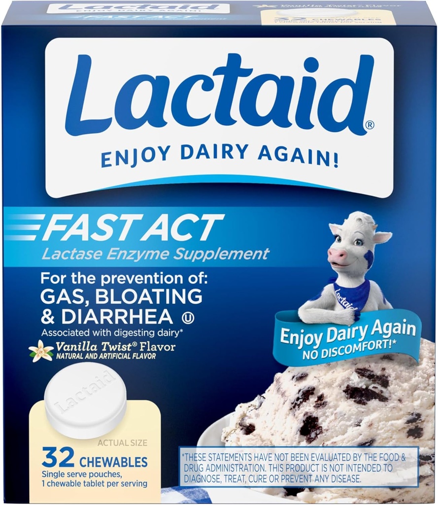 Lactaid Fast Act Lactose Intolerance Relief Chewables with Natural Lactase Enzyme to Prevent Gas, Bloating & Diarrhea Debido a la sensibilidad lactosa, On-The-Go, Vanilla Twist Flavor, 32 x 1 ct