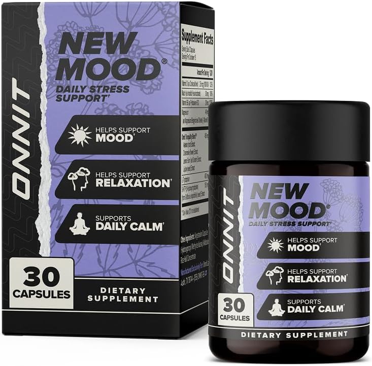 ONNIT New Mood Daily Stress Support Capsules, IGENTM Non-GMO Tested, Sleep and Mood Support Supplement for Hombre and Women, Daily Stress Management Capsules, 30 Count