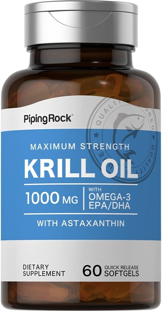 Piping Rock Krill Oil 1000 mg Softgels tención 60 Conteo Silencioso con Omega 3, EPA, DHA ← No GMO, Gluten Free