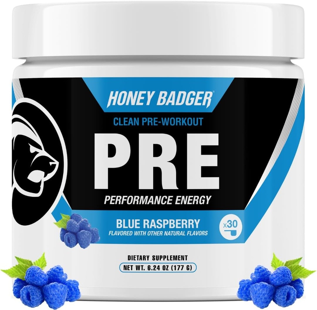 Honey Badger Pre Workout Powder, Keto Vegan Preworkout for Men & Women, Beta Alanine & Caffeine, Sugar Free Natural Energy Supplement, Blue Raspberry, 30 Servings