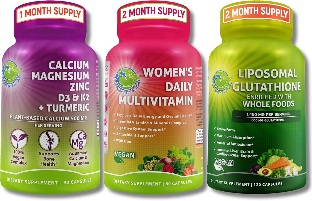 Multivitamina femenina, calcium " Liposomal Glutathione Trio - Calcium, Magnesio, Zinc, D3, K2 " Turmeric + Multivitamina diaria de mujeres con hierro + glutatión litomal 500mg