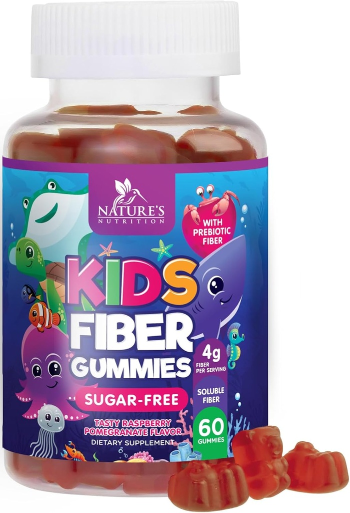 Gummies de fibra para niños 4g – Suplemento de fibra prebiótica para la salud digestiva, regularidad y apoyo inmunológico – fibra de base vegetal gratis de azúcar – sabor natural de frambuesa – Vegan, libre de gluten – 60 gomas