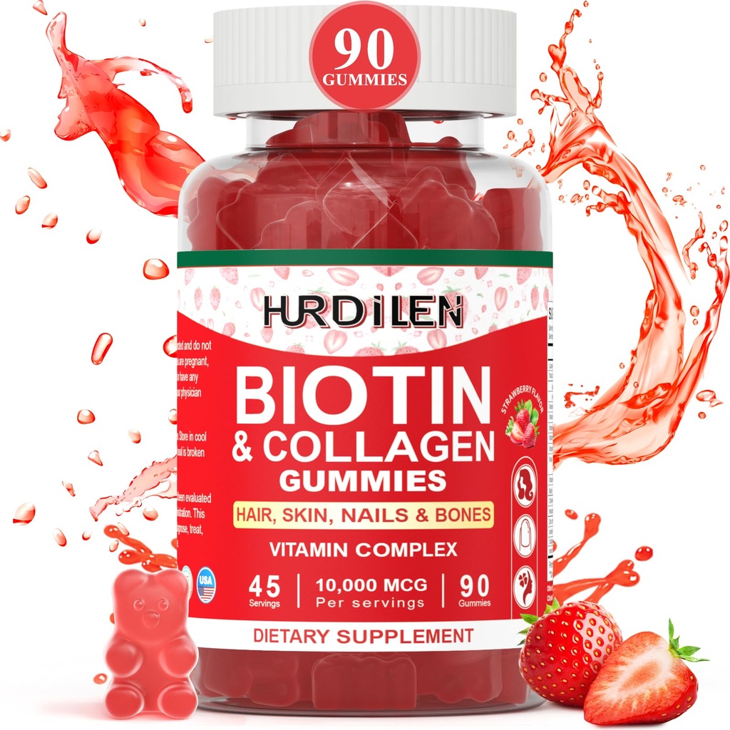 Peluquería y uñas Gummies, 10000mcg Biotin Collagen Gummies for Women &amp; Hombres, Suplementos de vitaminas Soporta un crecimiento más rápido del cabello, uñas más fuertes, piel sana, hueso de fuerza, 90 Gummies