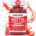 Peluquería y uñas Gummies, 10000mcg Biotin Collagen Gummies for Women &amp; Hombres, Suplementos de vitaminas Soporta un crecimiento más rápido del cabello, uñas más fuertes, piel sana, hueso de fuerza, 90 Gummies