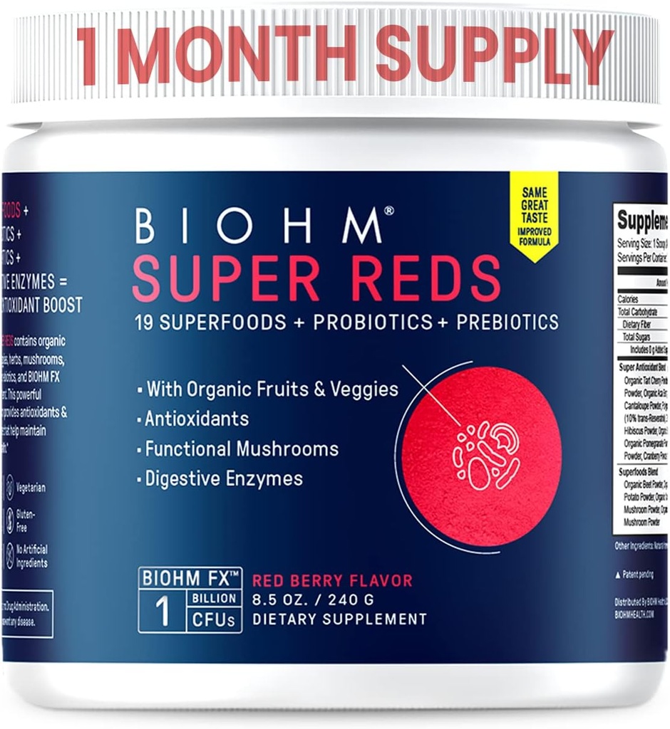 BIOHM Super Reds, Beet Root Powder Antioxidant Beets y Smoothie Mix con Tart Cherry Extract y 19 Red Whole Foods Empaquetados con Prebióticos y Probióticos, Non-GMO, Red Berry Flavor (30 Servings)