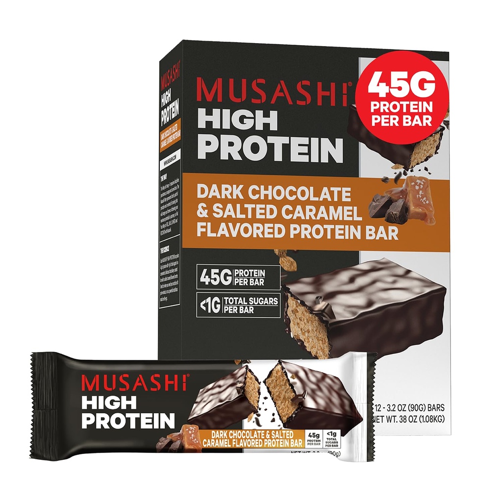MUSASHI High Protein Bar, 45g Protein, s1g Total Azúcares, Dark Chocolate & Salted Caramel, Post Workout y Protein Snack On The Go, 12 Pack of 3.2oz (90g) Bares