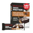 MUSASHI High Protein Bar, 45g Protein, <1g Total Sugars, Dark Chocolate & Salted Caramel, Post Workout and Protein Snack On The Go, 12 Pack of 3.2oz (90g) Bars