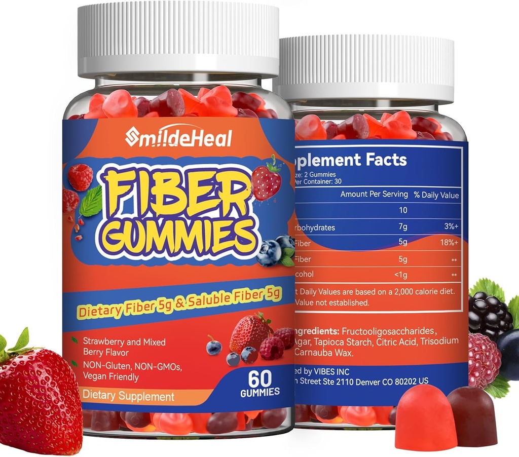 Fiber Gummies, Fibra dietética, para Mujeres y Hombres, Gut Health Support, Non-GMOs, Non-Gluten, Vegan, Berry mixed y Strawberry Flavor, 120 Conde Gummies