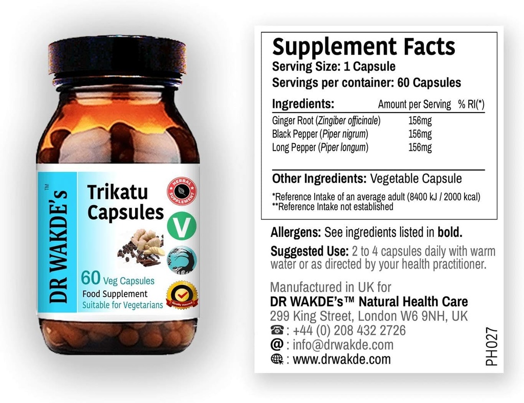 Capsules Trikatu de DR WAKDE (60 caps, Suplemento de base vegetal, hierba ayurvédica, todo natural, vegano)