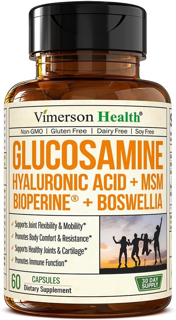 Sulfato de Glucosamina con ácido hialurónico, Boswellia, Black Pepper & MSM Suplemento – 5-en-1 Suplementos Conjuntos para Hombres y Mujeres – Salud Conjunta, Movilidad & Bone Strength – FSA Eligible 60 Caps