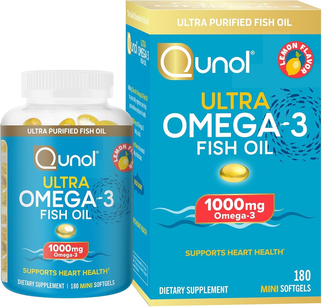 Qunol Fish Oil Omega 3 Mini Softgels, 1000mg Omega 3 EPA + DHA, Ultra Pure Suplementos, Heart Health Support, Lemon Flavor, Easy to Swallow Minis, 3 Month Supply, 180 Cuenta