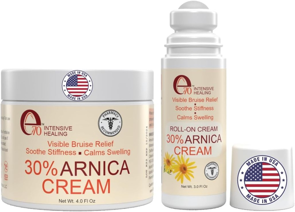 Arnica Cream " Arnica Gel Roll-On 2PK para Bruising and Swelling, Soothe Sore Muscles " Joints with Vitamin K, 30% Arnica Montana, Hyaluronic Acid " L-Arginine