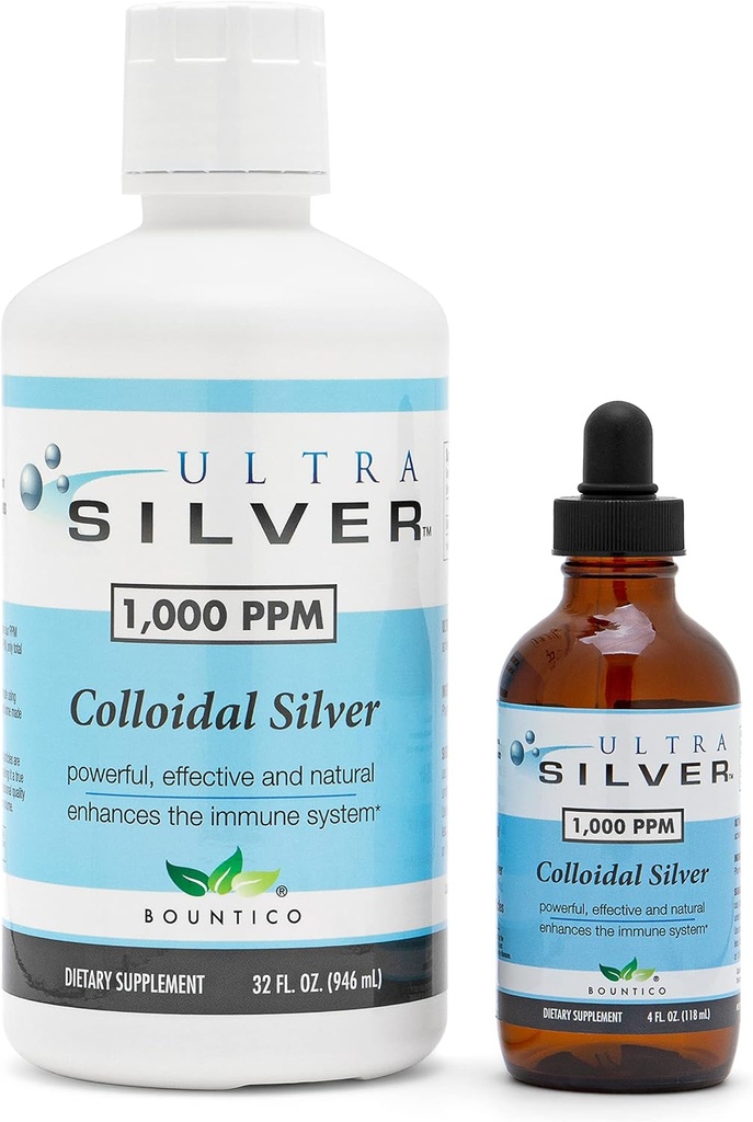 Ultra Silver® Colloidal Silver ← 1000 PPM, 32 Oz (946mL) vivieron Suplemento Mineral Silencio Verdadero Plata Colloidal - 4 oz Botella de gotero (Empleado) Incluido para dispensar!