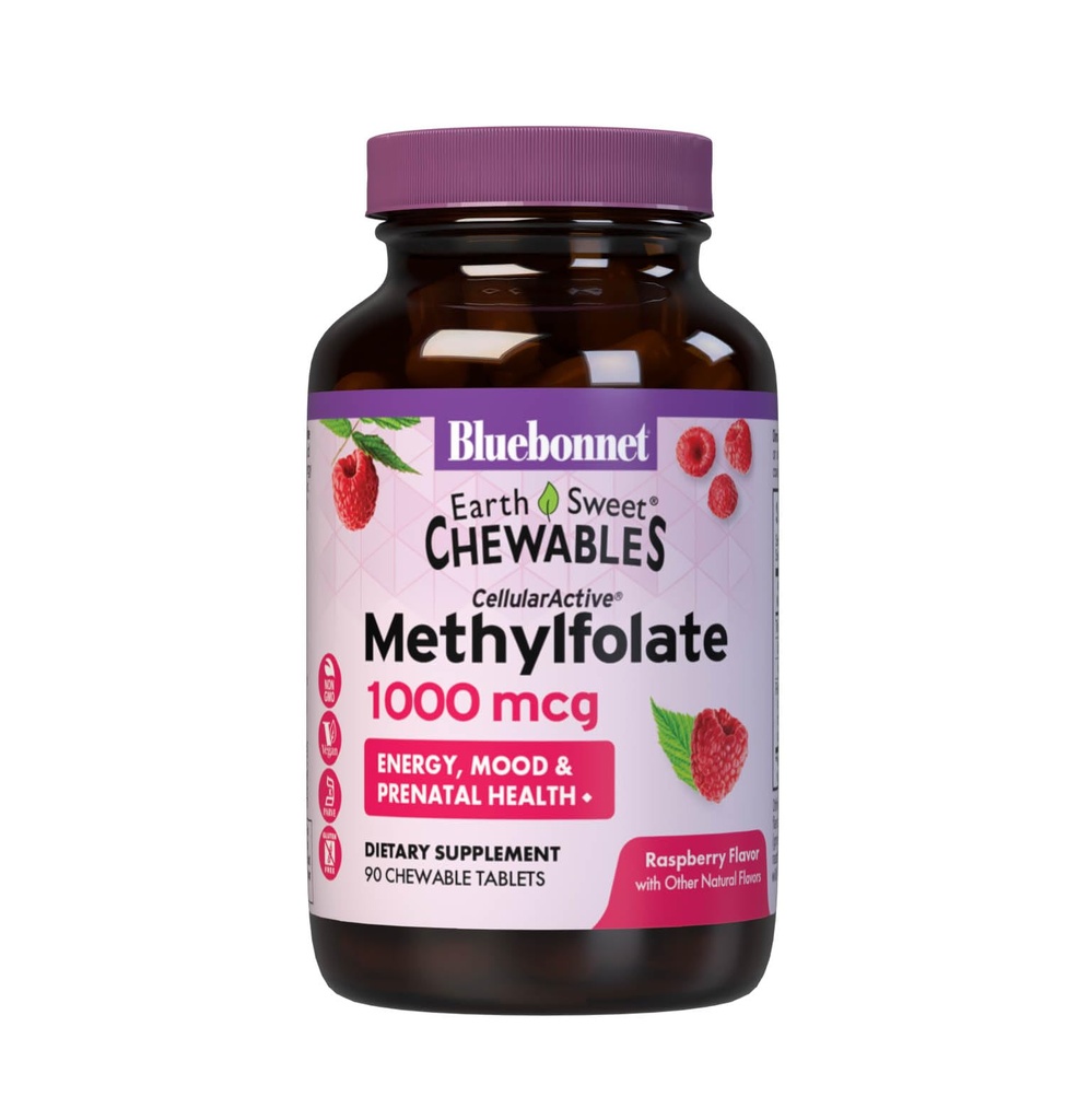 Bluebonnet EarthSweet Methylfolate 1000 mcg Cellular Active Coenzyme 5-MTHF L Methyl Folate Supplement - Prenatal & Energy Support - Non-GMO, Vegan, Gluten-Free - Raspberry - 90 Chewable Tablets