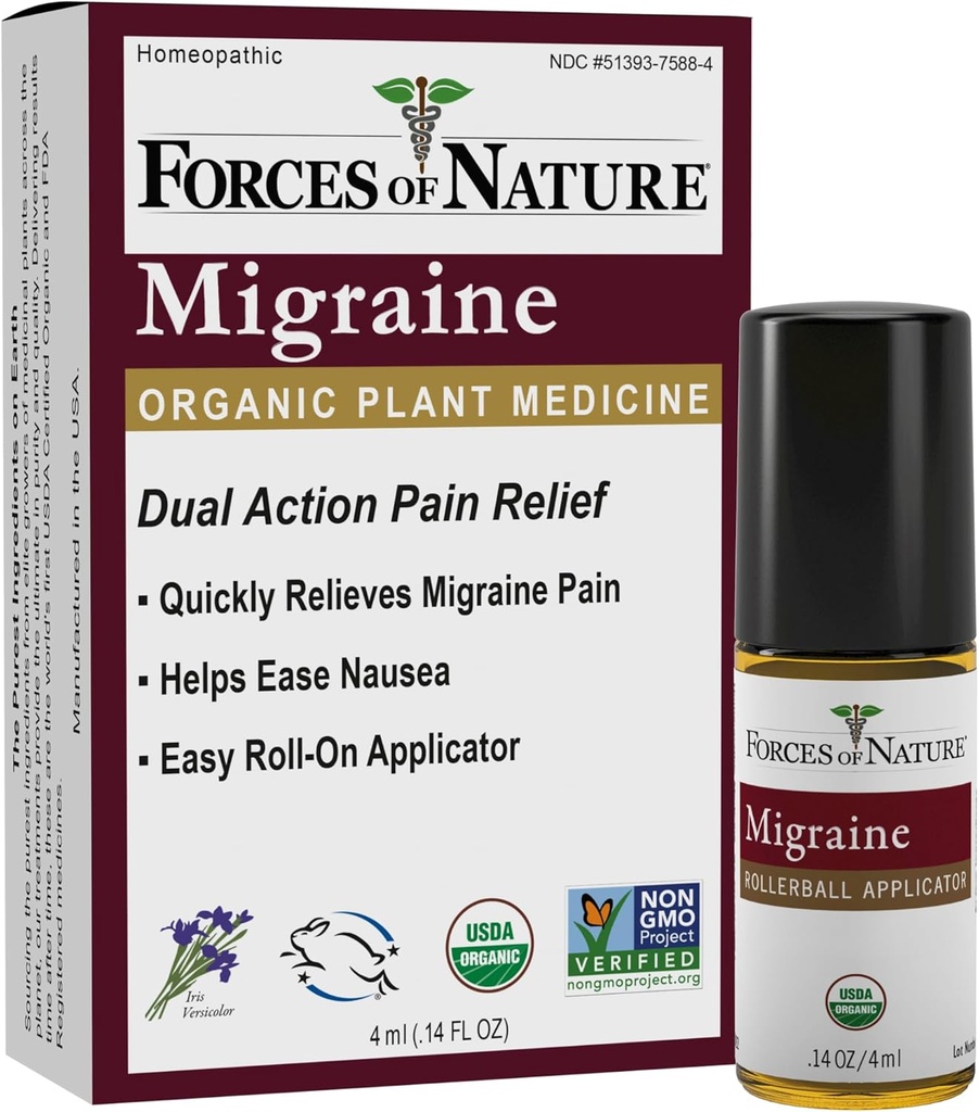 Fuerzas de Naturaleza Natural, Migraña Orgánica Alivio de Dolor Topical Roll-on, Apoyo Prodrome, Aura, Dolor de Cabeza, Fatiga, Luz y Sensibilidad de Sonido, Nausea Asociado con Migrañas, No GMO, 0.14 Fl Oz
