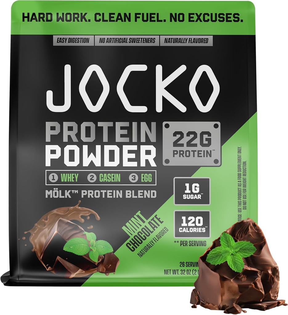 Jocko Fuel Mölk Whey Protein Powder 22g Low Sugar Monk Fruit Blend - Muscle Recovery &amp; Growth, Packaging May Vary (26 Servings, Mint Chocolate)