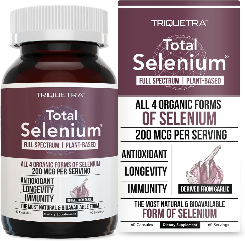 Selenio total - 200 mcg, Selenio de base vegetal - Espectrum completo, contiene 4 formas orgánicas esenciales de selenio que incluyen selenomethionina - derivado de ajo - 60 cápsulas