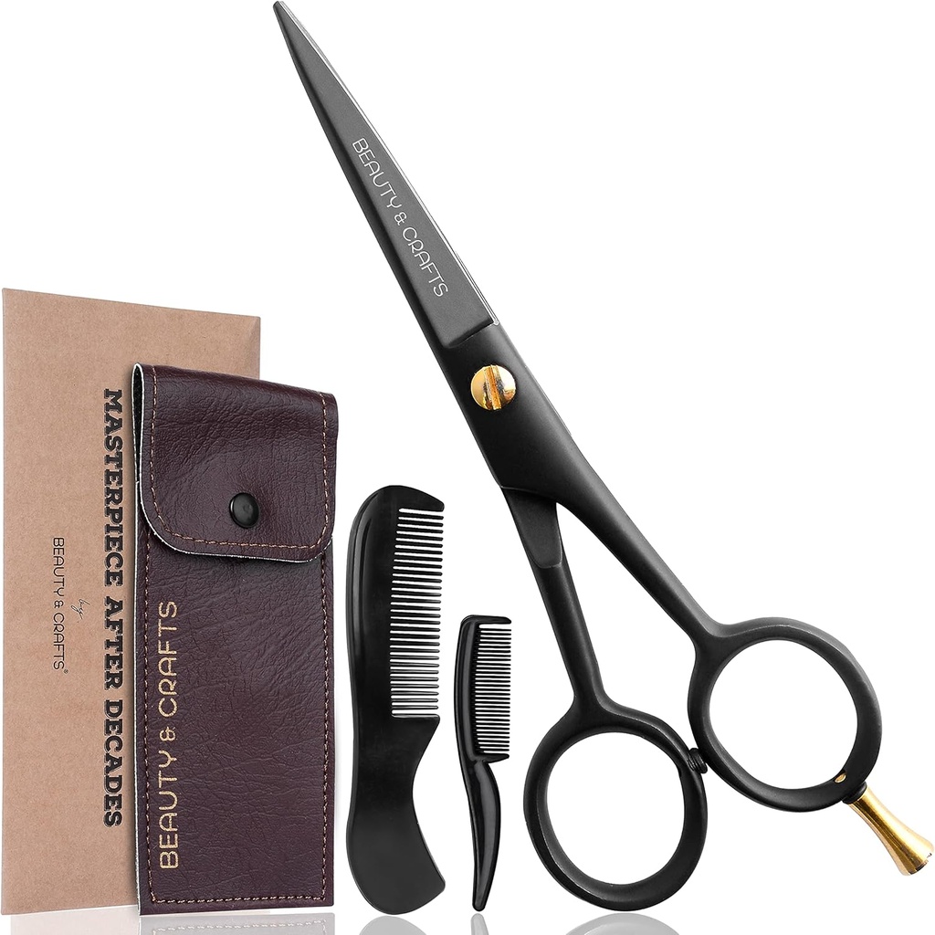 Belleza & Artesanía- 5'' Alemán Beard Mustache Tijeras - 2 Mustache Comb for Facial Hair with Beautiful Pouch - Beard Trimming Tijeras Uso para la limpieza, corte y estilo de bigote (Negro)