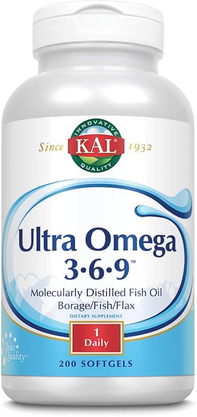 KAL Ultra Omega 3-6-9 1200mg ← Fish Oil w/Cold Pressed Flaxseed & Borage Oil ← Skin, Hair, Heart, Memory  200 Softgels