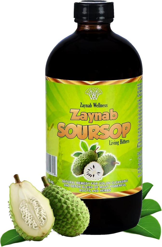 Zaynab Organic Soursop Bitters Líquido con hojas de Soursop para Gut Cleanse, Detox &amp; Immune Support ← Black Seed Oil, Moringa, Ajo &amp; Ginger for General Wellness ← Best Soursop Bitter ← 16 Fl Oz