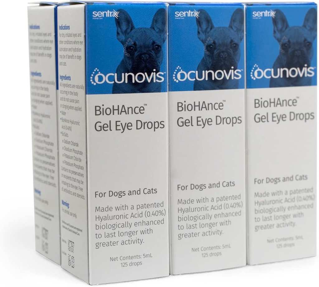 Sentrx - Ocunovis Gel Eye Drops for Dogs and Cats with Dry Eyes, Hydrating Cat and Dog Eye Drops with Hyaluronic Acid, Non-Blurring and Non-Stinging Artificial Tears, 5 ml, 6 Pack