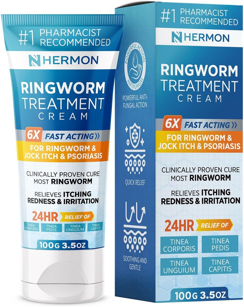 Hermon Powerful Antifungal Ringworm Cream - Tratamiento Efectivo para Stubborn Ringworm, Jock Itch, Eczema, Tinea Versicolor, Athlete's Foot - para adultos y niños - 100ml